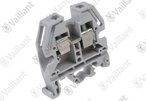 Vaillant Klemme in grauer Farbe, mit zwei beweglichen Metallkontakten zur elektrischen Verbindung, in technischer Ausführung ohne spezifische Maße sichtbar.